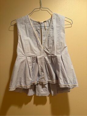 Free People Light Blue and White Striped V-Neck Peplum Tank